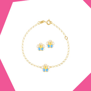 BUTTERFLY ON FLOWER GOLD EARRING AND BRACELET SET FOR BABY GIRLS