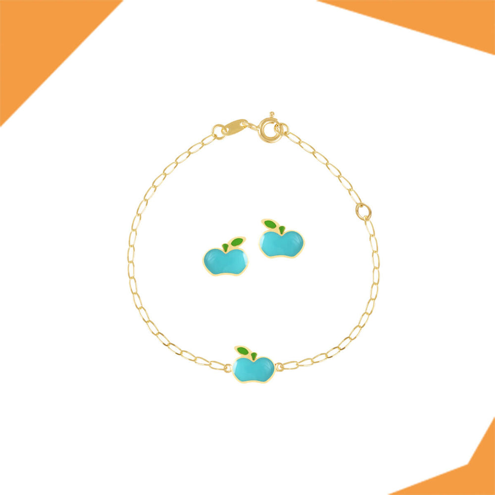 AN APPLE A DAY GOLD EARRING AND BRACELET SET FOR BABY GIRLS