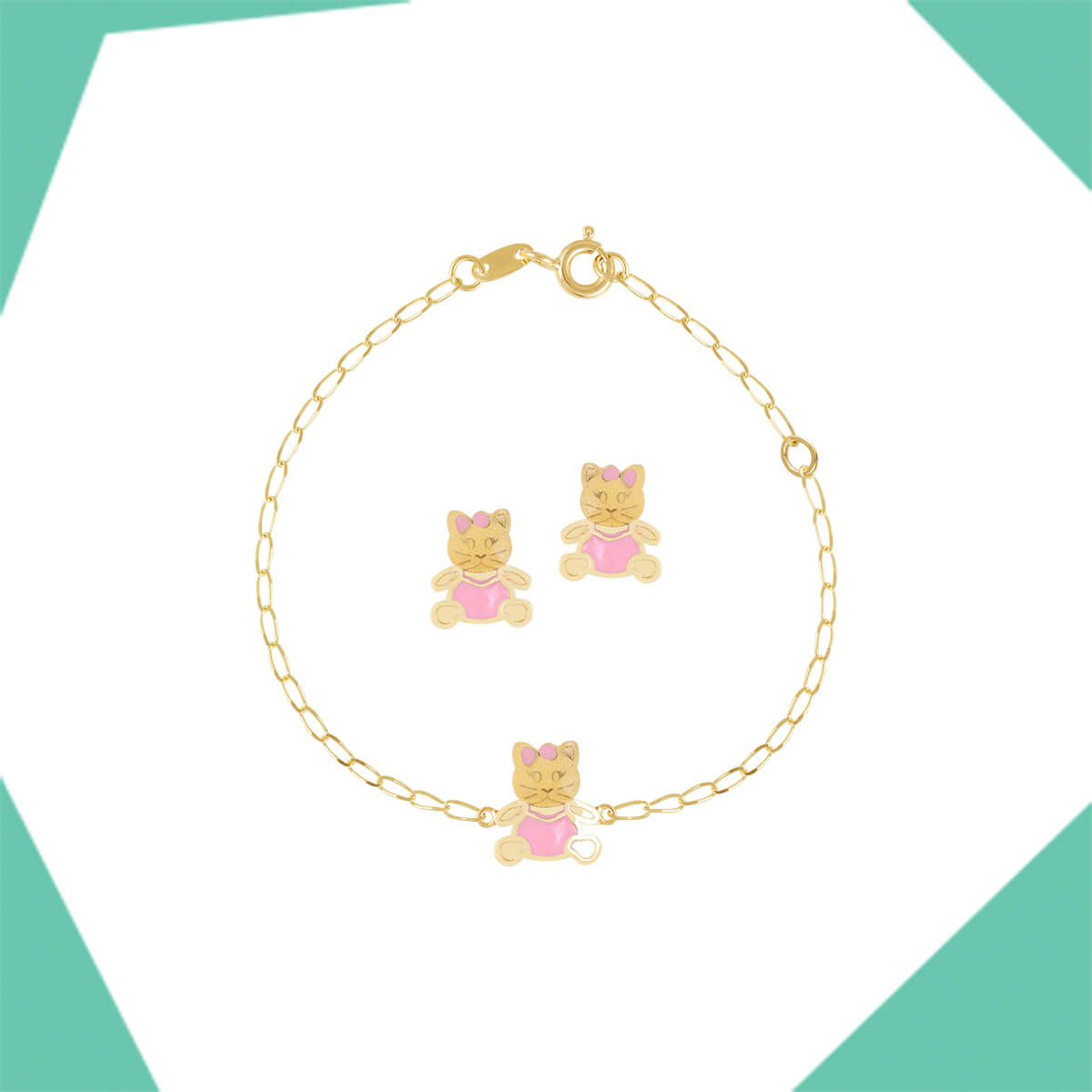 KITTY CAT GOLD EARRING AND BRACELET SET FOR BABY GIRLS