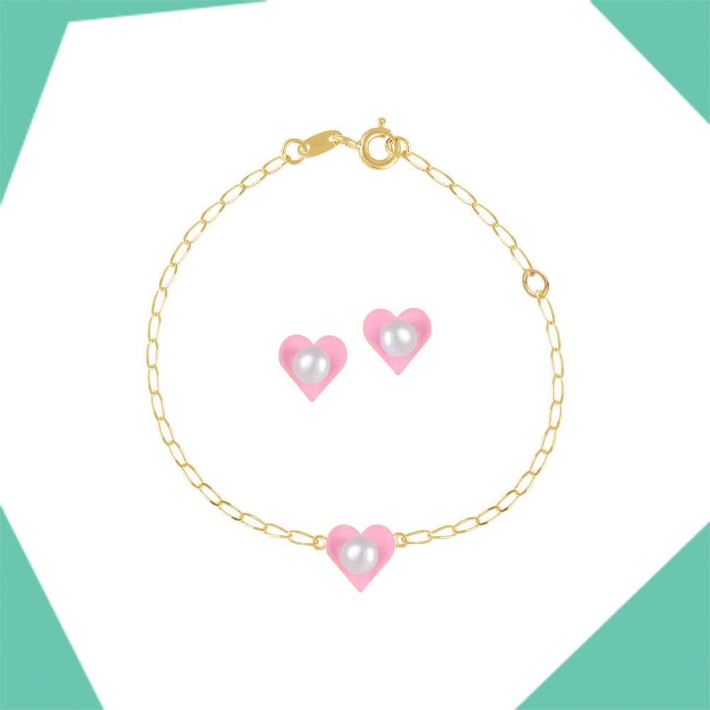 PEARLY PINK GOLD EARRING AND BRACELET SET FOR BABY GIRLS