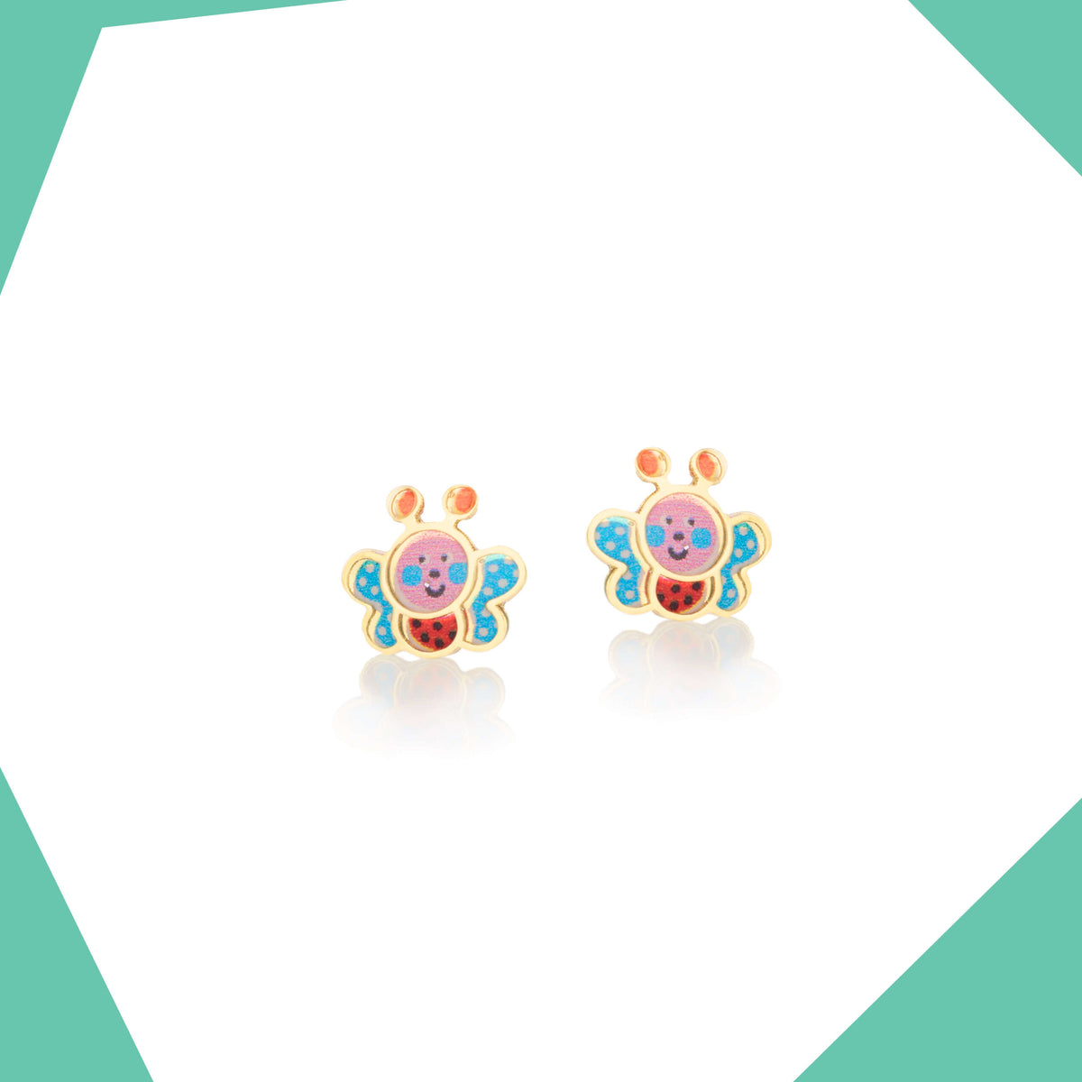Polka Dot Lady Bug (Blue Wings) 9kt Gold Earrings For Girls