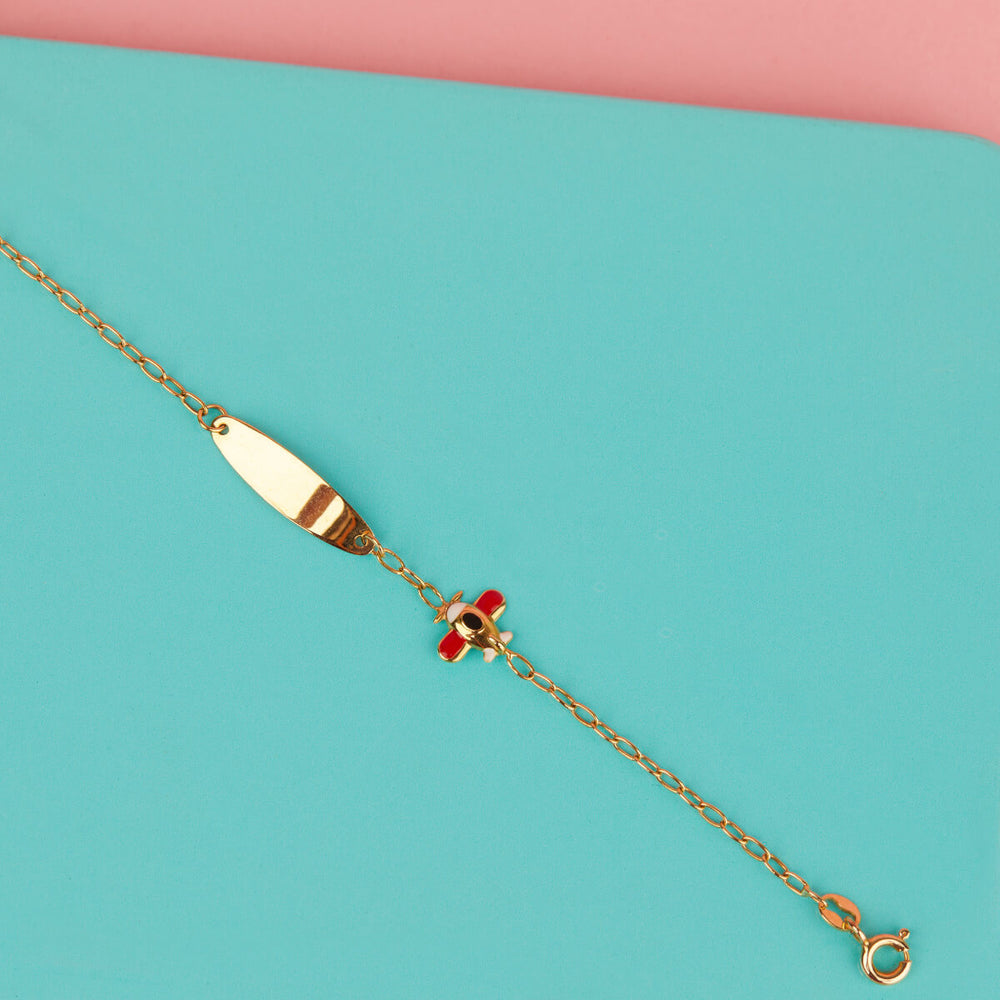 RED AND WHITE AEROPLANE GOLD BRACELET (PERSONALISED ON PLAQUE) FOR BABY BOY