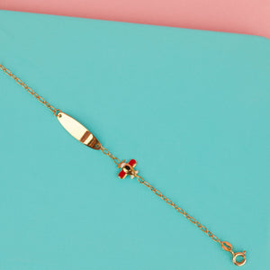 RED AND WHITE AEROPLANE GOLD BRACELET (PERSONALISED ON PLAQUE) FOR BABY BOY