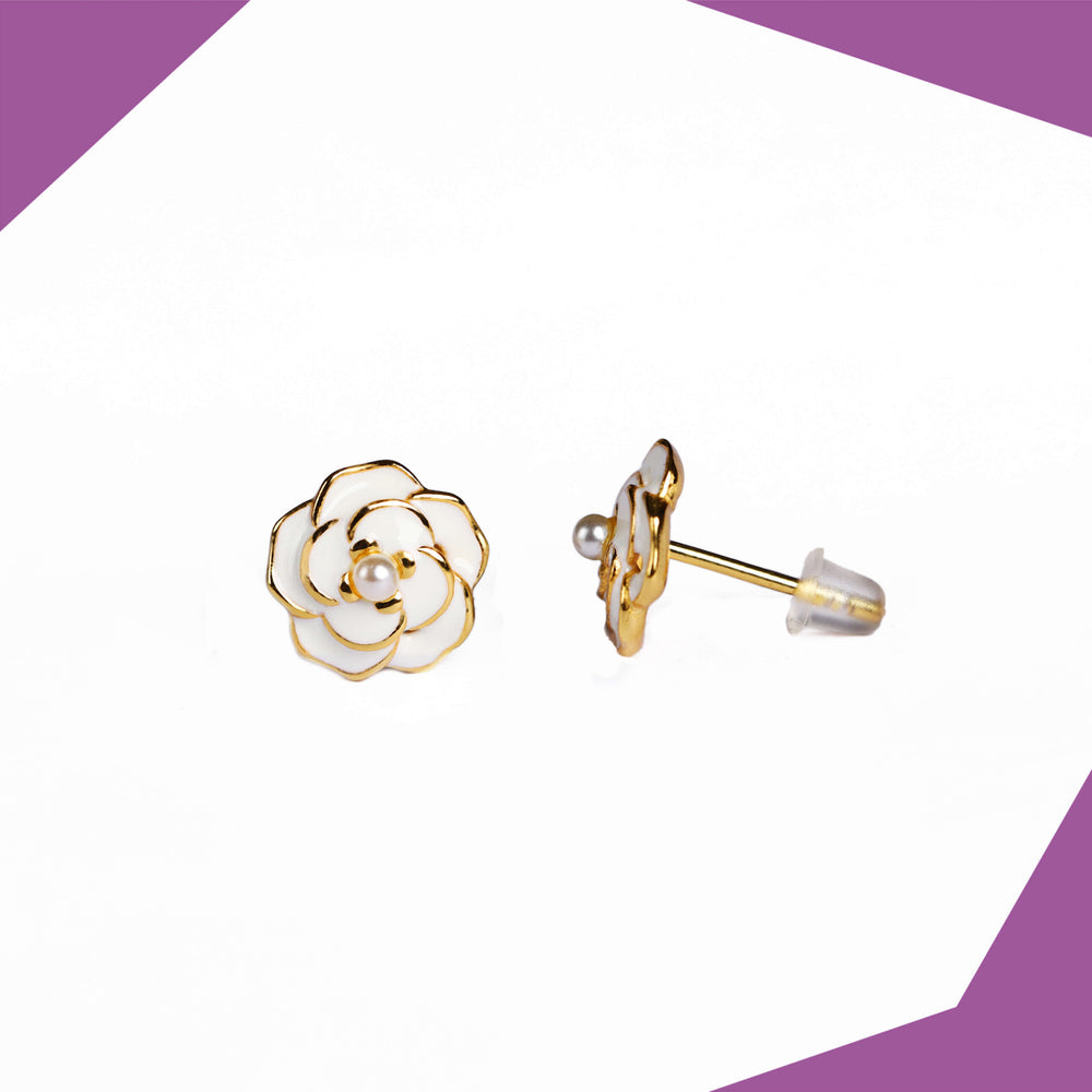 White Rose With Pearl Gold Plated Earrings For Girls