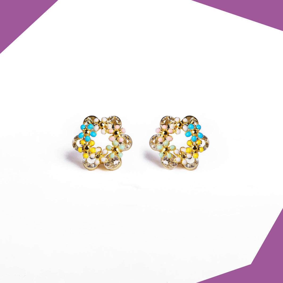 Tiny Flower in a Circle Gold Plated Earrings For Girls