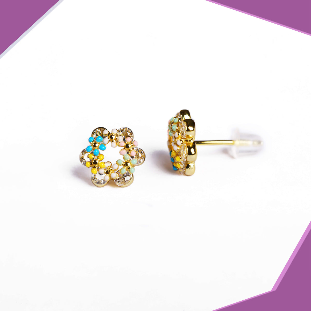 Tiny Flower in a Circle Gold Plated Earrings For Girls