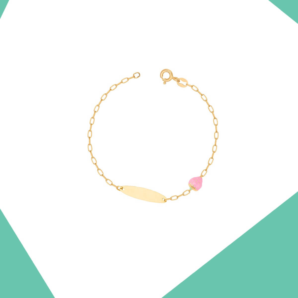 ICED PINK STRAWBERRY (PERSONALISED ON PLAQUE) GOLD BRACELET FOR BABY SISTER